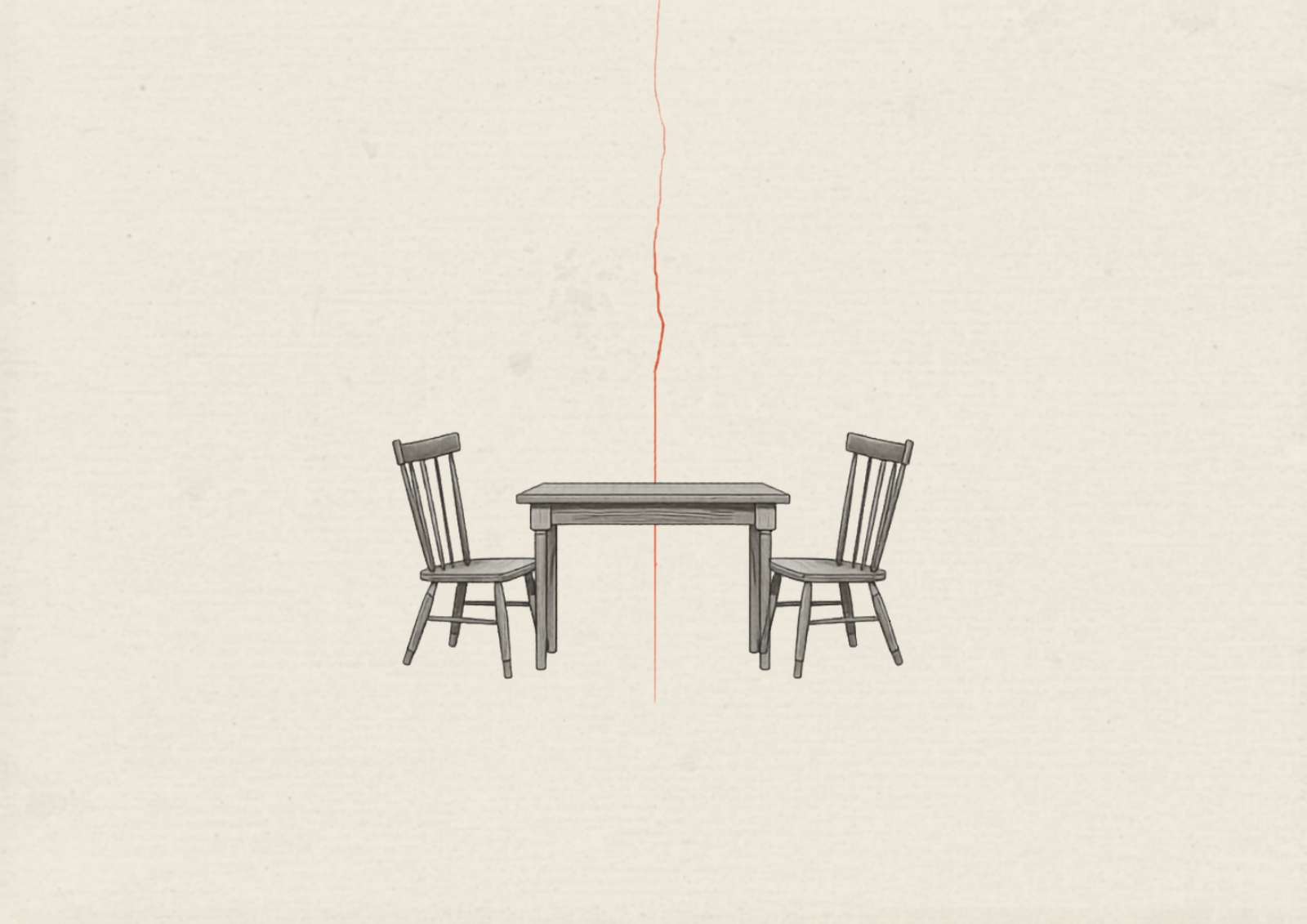 Twee stoelen tegenover elkaar aan een tafel, met een subtiele breuklijn ertussen — visueel motief voor het mechanisme waarin mening en identiteit door elkaar lopen.